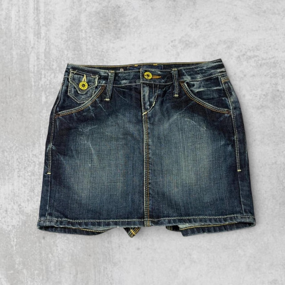 Vintage Rebel Womens Dark Wash Denim Mini Skirt Whiskered Y2K Low Rise Size 25